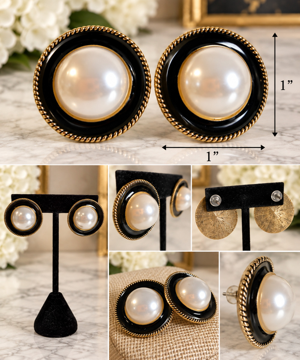 Vintage 80s Gold Tone Black Enamel Faux Pearl Button Stud Post Earrings 1" Large